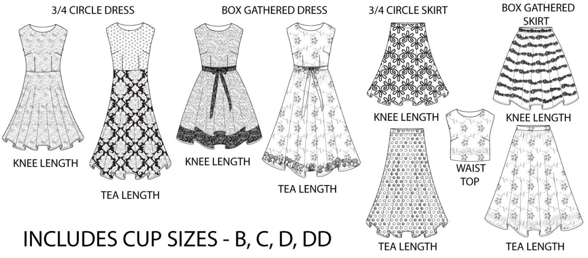 Line drawings of the Kate Vintage Tea Dress pattern, including a 3/4 circle dress with knee or tea lengths, a box gathered dress with knee or tea lengths, a crop top, and circle and box gathered skirts with