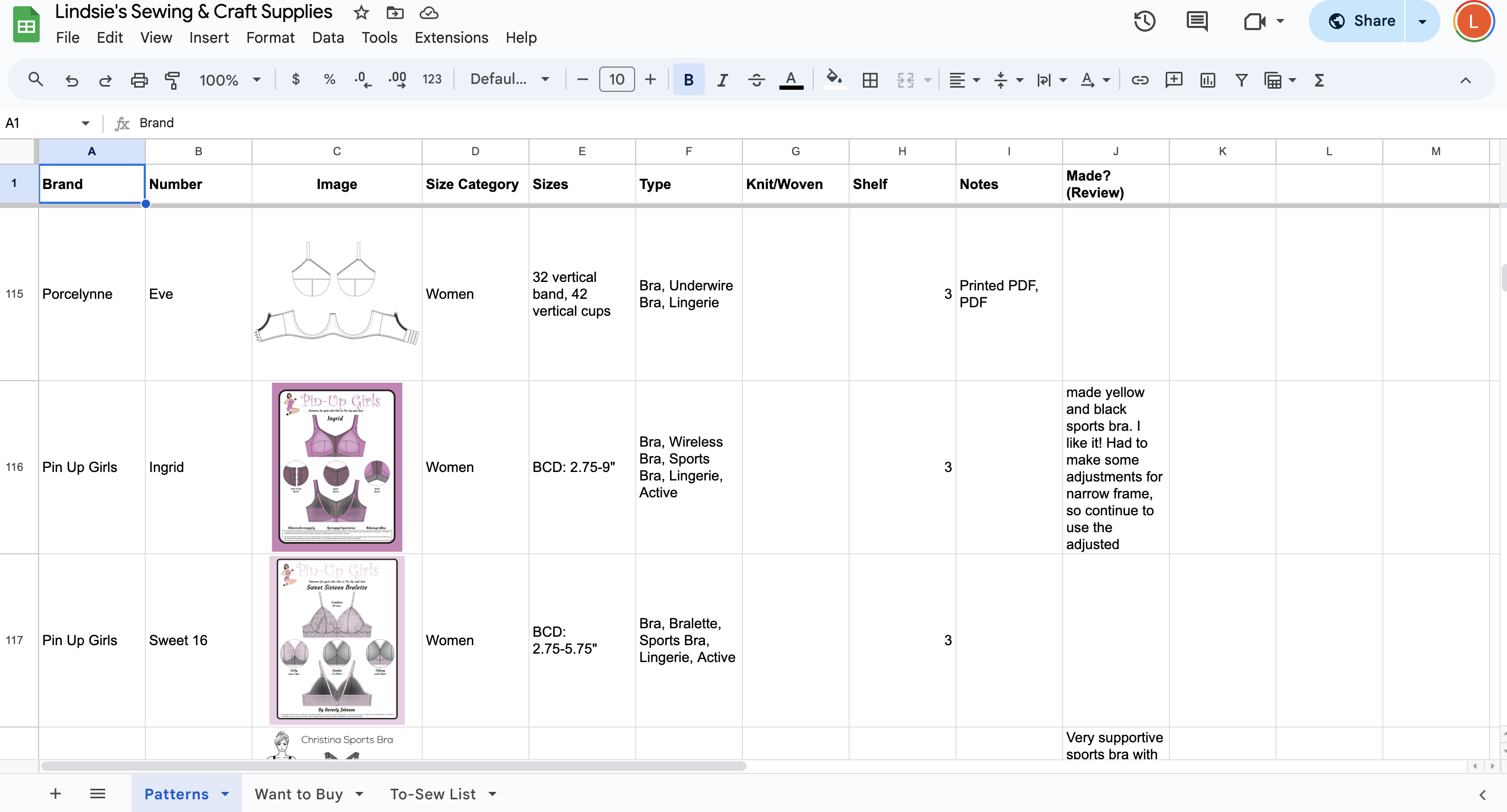 a spreadsheet showing Lindsie's sewing pattern collection. The columns are brand, number, image, size category, sizes, type, knit/woven, shelf, notes, and made/review. 