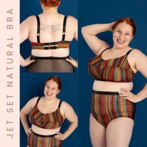 A woman smiles in a colorful patterned Jet Set Natural Bra Pattern and matching high-waisted panties, with adjustable straps. She poses front and back against a blue background.