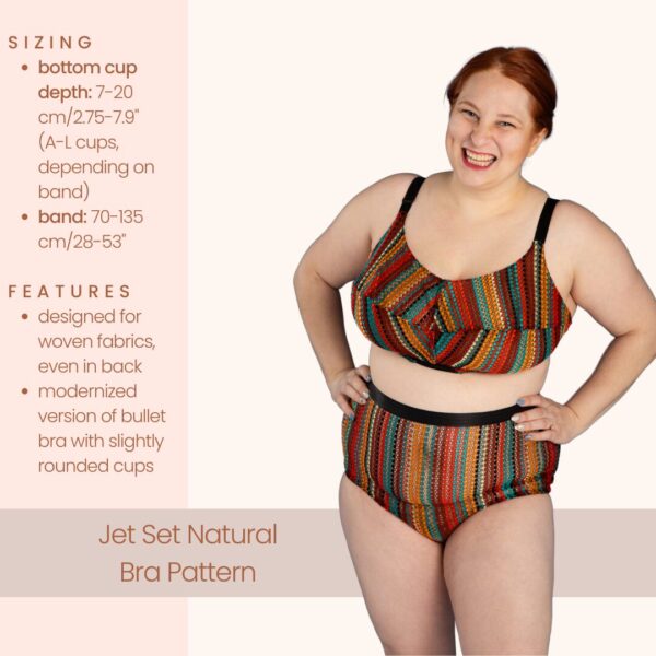 Someone wears a colorful striped bra and panties set, featuring a modernized bullet bra design from the Jet Set Natural Bra Pattern collection. Sizes include bottom cup depth (7-20 cm/2.75-7.9") and band (70-135 cm/28-53").