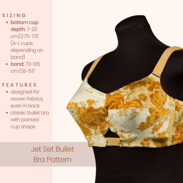 A mannequin displays the Jet Set Natural Bra Pattern in a vintage style with a yellow and white floral design. Text highlights sizing, depth, band measurements, and its suitability for woven fabrics.