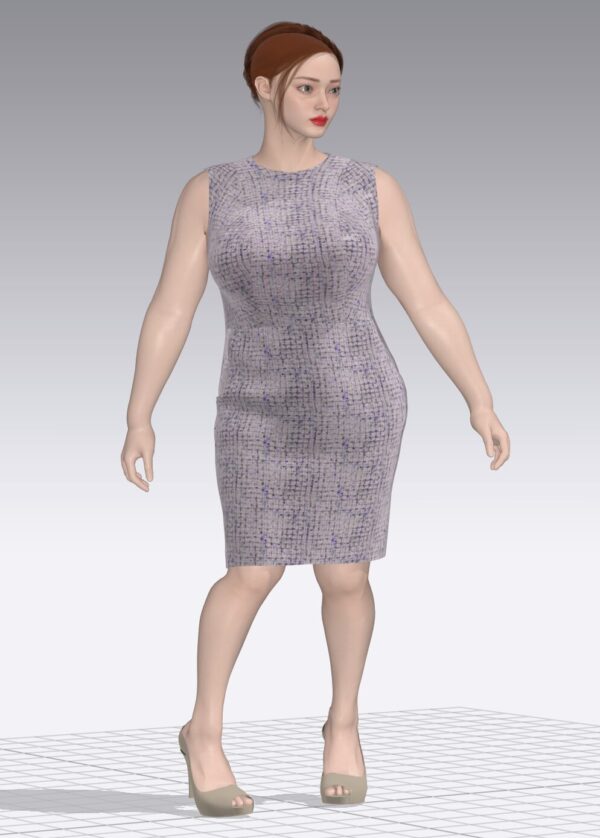 A 3D-rendered woman with brown hair wears a sleeveless, form-fitting Rittenhouse Dress in gray with a subtle pattern and beige heels. She stands on a grid floor, slightly right against a neutral gray background.