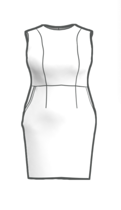 Illustration of a sleeveless, form-fitting white dress with a round neckline and structured seams for shaping in the elegant Rittenhouse style. The knee-length hem complements its minimalist design. Explore this chic look and preorder the timeless Rittenhouse Dress Pattern now.