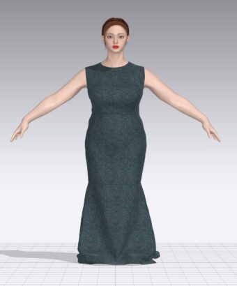 A 3D-rendered woman poses with arms extended, wearing the Rittenhouse Dress Pattern gown in dark green, sleeveless and floor-length, styled with a neat bun. She stands against a plain gray backdrop on a checkered floor.