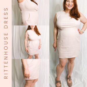 Collage of a woman in a light-colored sleeveless dress with a delicate pattern, posing with hands on hips. Text reads "Rittenhouse Dress Pattern Preorders." She smiles against a plain backdrop, inviting preorders for this elegant piece.