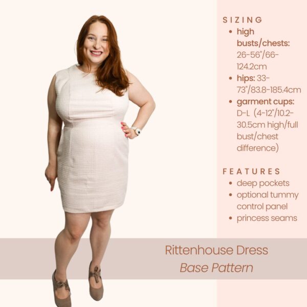 A woman in a white sleeveless dress smiles. The Rittenhouse Dress Pattern Preorders provide sizing for busts, hips, and garment cups, with deep pockets and optional tummy control. Now open for preorders.
.