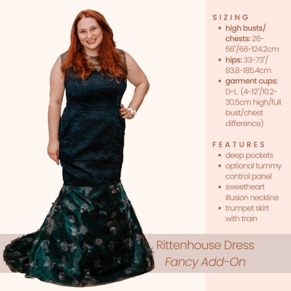 A person with long red hair wears an elegant dark green trumpet skirt dress made using the Rittenhouse Dress Pattern. It features a sweetheart illusion neckline, deep pockets, and text detailing sizing, garment features, and preorder options.