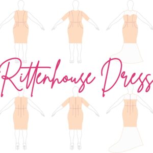 The illustration displays front and back views of the Rittenhouse Dress with short and long skirt options; its fitted bodice enhances elegance. "Rittenhouse Dress" appears in stylish pink script in the background, inviting preorders.