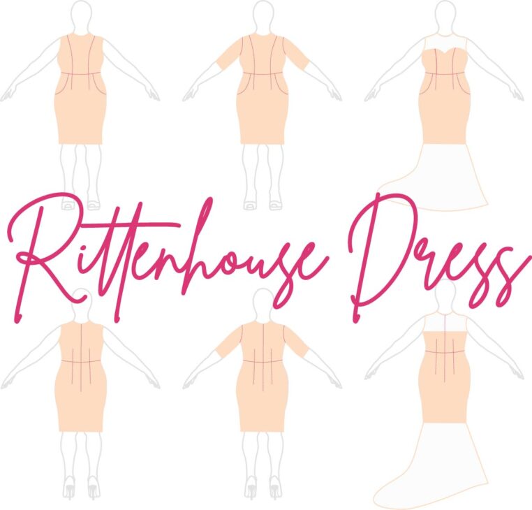 The illustration displays front and back views of the Rittenhouse Dress with short and long skirt options; its fitted bodice enhances elegance. "Rittenhouse Dress" appears in stylish pink script in the background, inviting preorders.