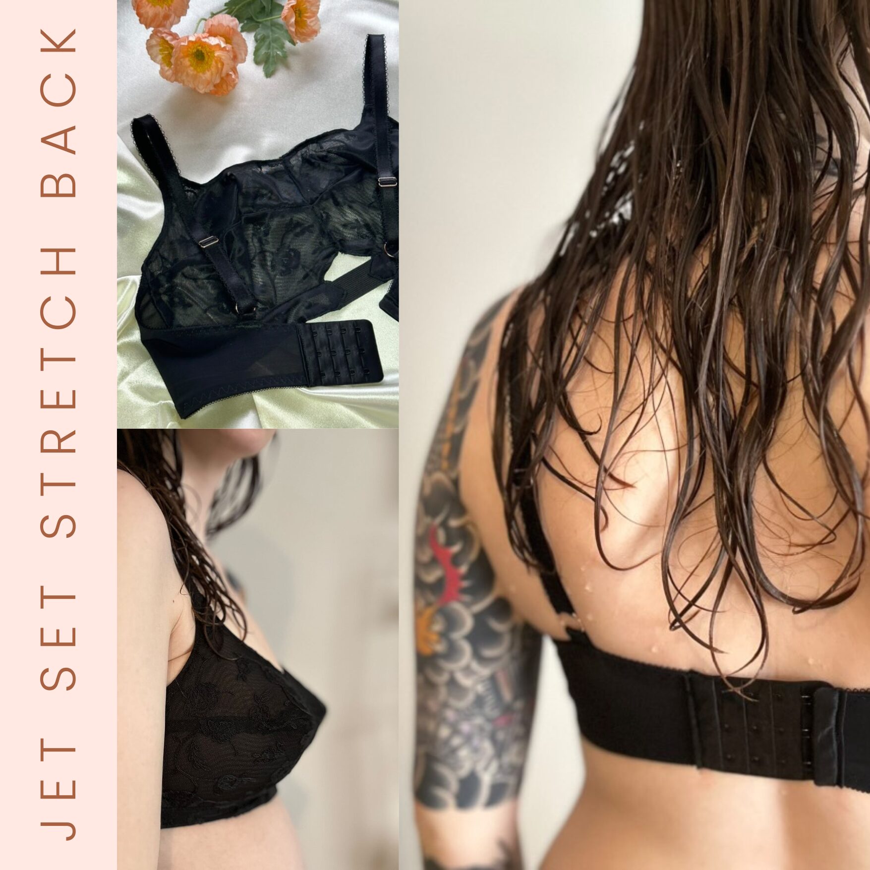 Collage featuring a woman in a black lace bra with adjustable straps and a stretchable back. The left side highlights the intricate pattern, labeled "Jet Set Stretch Back Add-On Pattern.